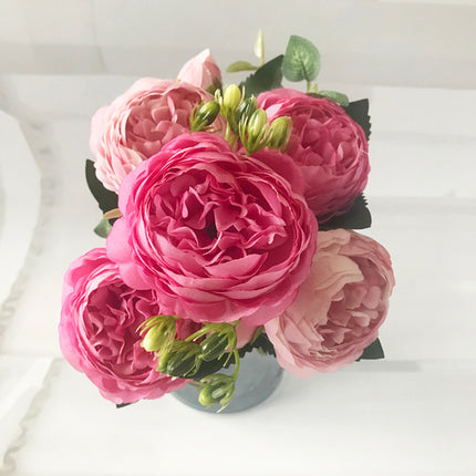 30cm Rose Pink Silk Peony Artificial Flowers Bouquet 5 Big Head And 4