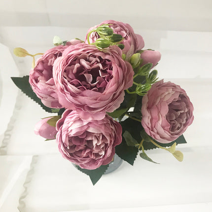 30cm Rose Pink Silk Peony Artificial Flowers Bouquet 5 Big Head And 4