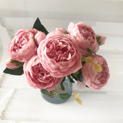 30cm Rose Pink Silk Peony Artificial Flowers Bouquet 5 Big Head And 4