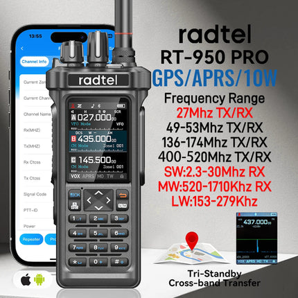 Radtel RT-950 PRO Walkie Talkie AM/FM/CB/LSB/USB/CW Receiver with GPS