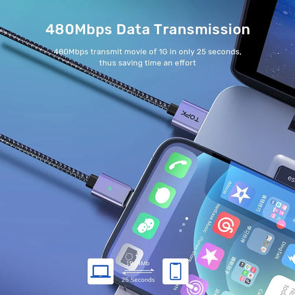 TOPK Magnetic Charging Cable 3A Micro USB Type C Cable with Led Light