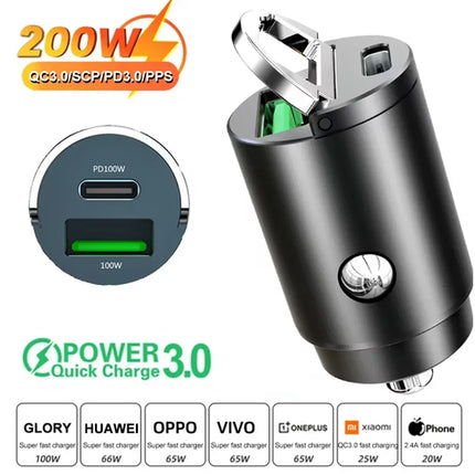 USB Car Charger 200W Fast Charging Type C Car Phone Charger Adapter
