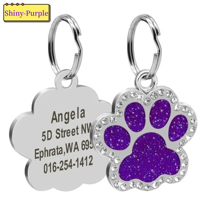 Personalized Dog Cat Tags Engraved Cat Dog Glitter Pendant Paw Print