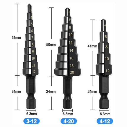 3Pcs HSS Straight Groove Step Drill Bit 3-12mm 4-12mm 4-20mm Nitride