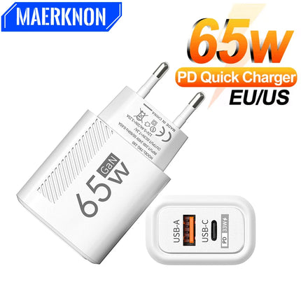 65W GaN USB C Fast Charger QC3.0 EU/US Plug Phone Charger Adapter For