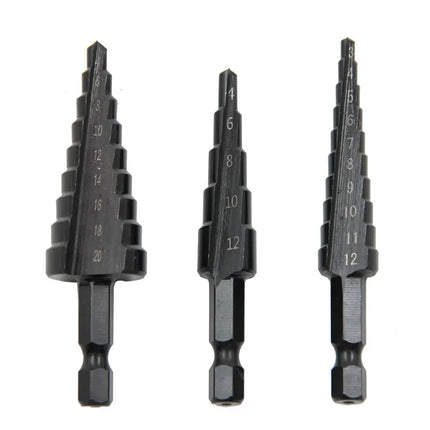 3pc Black Hexagonal Shank Straight Slot Ladder Drill Bit Reaming and