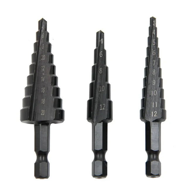 3pc Black Hexagonal Shank Straight Slot Ladder Drill Bit Reaming and