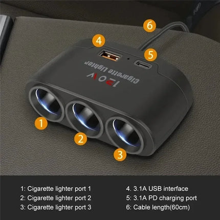 3 in 1 Dual USB Socket 120W Car Cigarette Lighter Splitter 12V 24V