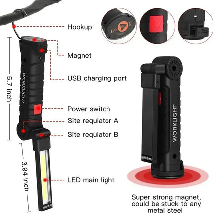COB LED Work Light Dimmable USB Rechargeable LED Flashlight Inspection
