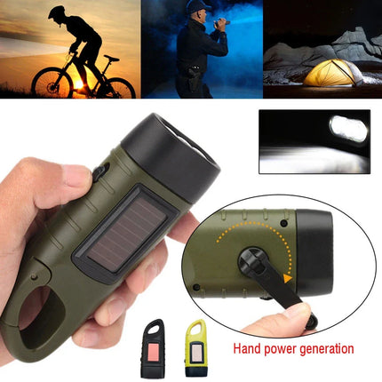 Portable LED Flashlight Tent Light Hand Crank Dynamo Solar Power Torch