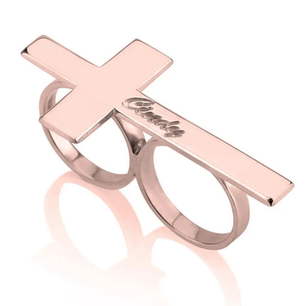 Custom Cross Ring Engraving Name Ring Men Stainless Steel Two Fingers