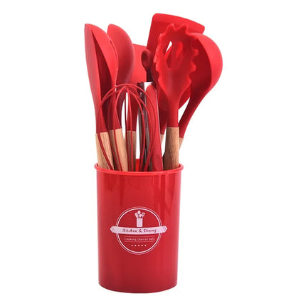 12Pcs Silicone Kitchen Utensils Cooking Wooden Handle Non Stick Pot