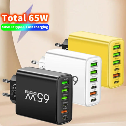 6 Ports 65W USB PD Charger Fast Charging Type C Phone Charger Adapter