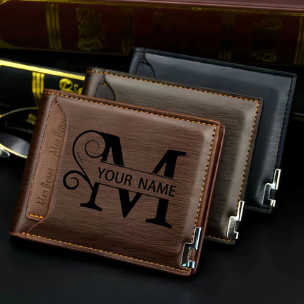 Custom Engraved Initials & Name PU Leather Wallet Men Gift for