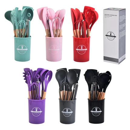 12Pcs Silicone Kitchen Utensils Cooking Wooden Handle Non Stick Pot