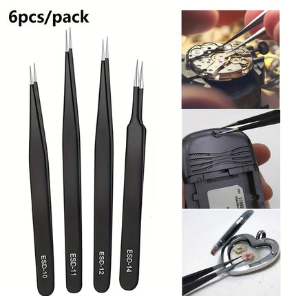 Precision ESD anti-static tweezers set -6-pc durable stainless steel