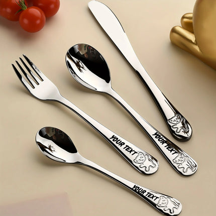 4pc Customizable Name 304 Stainless Steel Flatware Set with Cute Bear