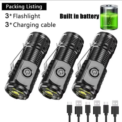 Portable Mini LED Flashlight Powerful 3*Wick Small Pocket Torch USB