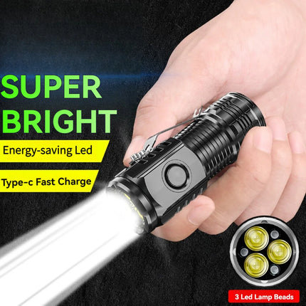 Portable Mini LED Flashlight Powerful 3*Wick Small Pocket Torch USB