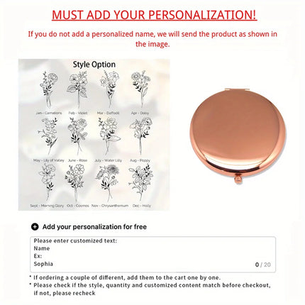 Engraved Compact Mirror with Birth Flower Design Elegant Portable