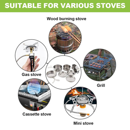 8pcs/Set Camping Cookware Mess Kit Stainless Steel Cooking Pot and Pan