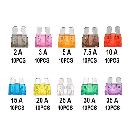 100 Pcs 10 Specifications Automotive Fuse Set 2A 3A 5A 7.5A 10A 15A