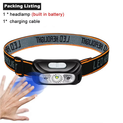 LED Sensor Headlamp Built-in Battery USB Rechargeable Head Flashlight