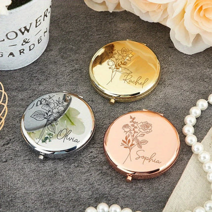 Engraved Compact Mirror with Birth Flower Design Elegant Portable
