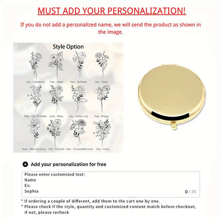 Engraved Compact Mirror with Birth Flower Design Elegant Portable