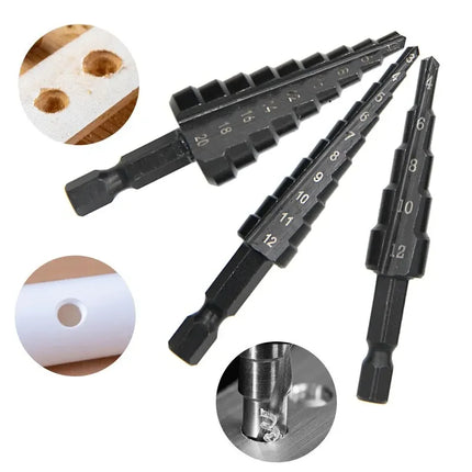 3pc Black Hexagonal Shank Straight Slot Ladder Drill Bit Reaming and