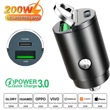 200W USB Car Charger Fast Charging Type C Car Phone Charger Adapter