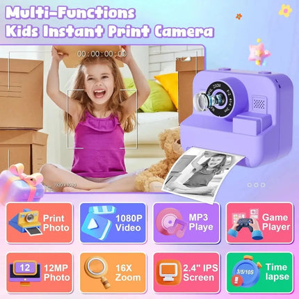 Educational Thermal Instant Print Camera With 32G Card, 1080P Children
