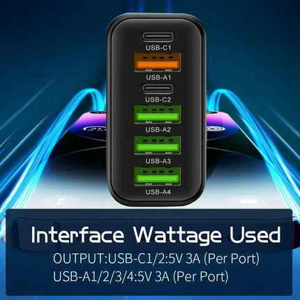 6 Ports 65W USB PD Charger Fast Charging Type C Phone Charger Adapter