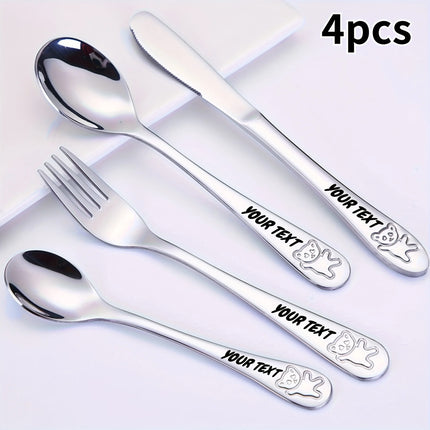 4pc Customizable Name 304 Stainless Steel Flatware Set with Cute Bear