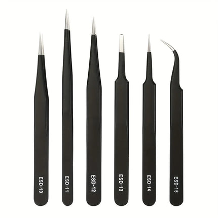 Precision ESD anti-static tweezers set -6-pc durable stainless steel