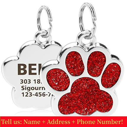Personalized Dog Cat Tags Engraved Cat Dog Glitter Pendant Paw Print