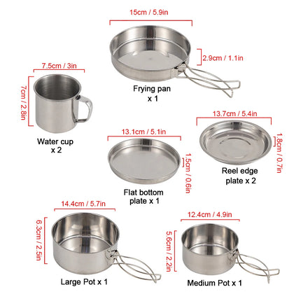 8pcs/Set Camping Cookware Mess Kit Stainless Steel Cooking Pot and Pan
