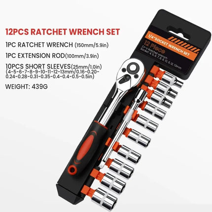 Socket Wrench, 12 Piece Set of Multifunctional Tools, Ratchet Quick