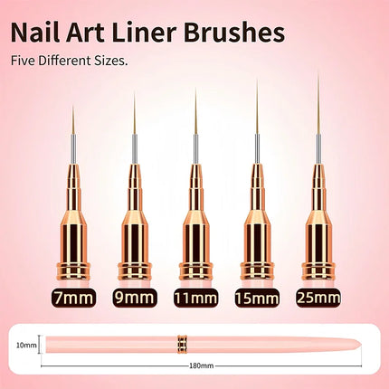 7/9/11/15/25mm Nail Liner Brush Set UV Gel Nail Brushes Kits 5pcs