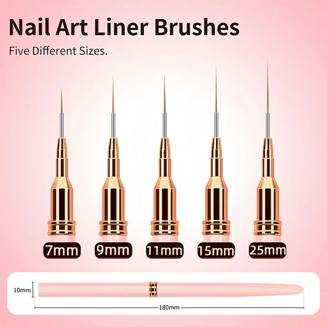 7/9/11/15/25mm Nail Liner Brush Set UV Gel Nail Brushes Kits 5pcs