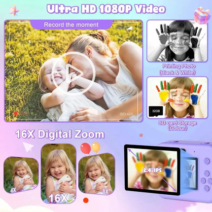 Educational Thermal Instant Print Camera With 32G Card, 1080P Children
