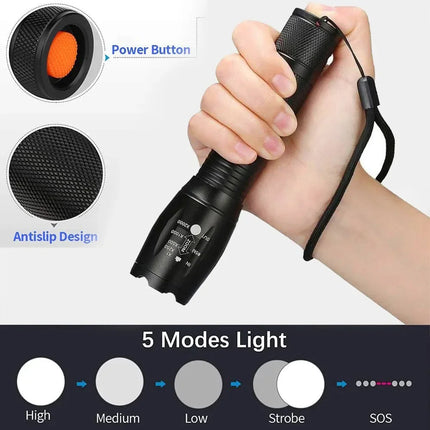 High Power T6 LED Flashlights Camping Torch 5 Light Modes Zoom Light