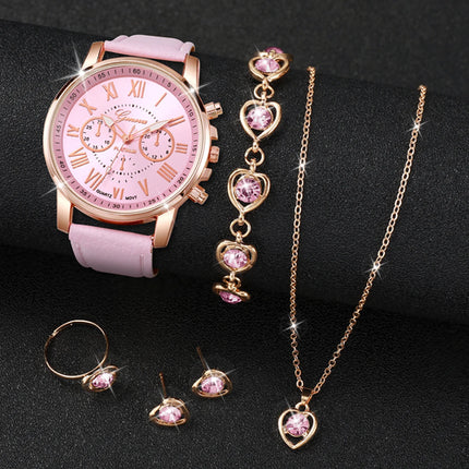 5/6PCS Fashion Women's Quartz Watch Leather Band Analog Wrist Watches