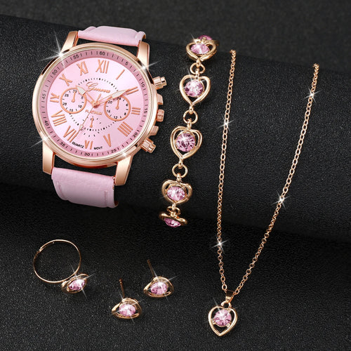 5/6PCS Fashion Women's Quartz Watch Leather Band Analog Wrist Watches