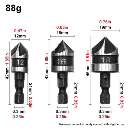 3PC Hexagonal Shank 90 Degree Black Five Blade Chamferer 12/16/19mm