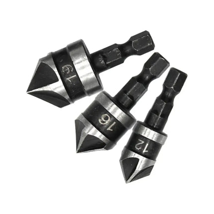 3PC Hexagonal Shank 90 Degree Black Five Blade Chamferer 12/16/19mm