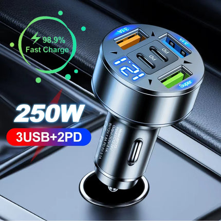 250W 5 Ports Car Charger Fast Charging PD QC3.0 USB C Car Phone