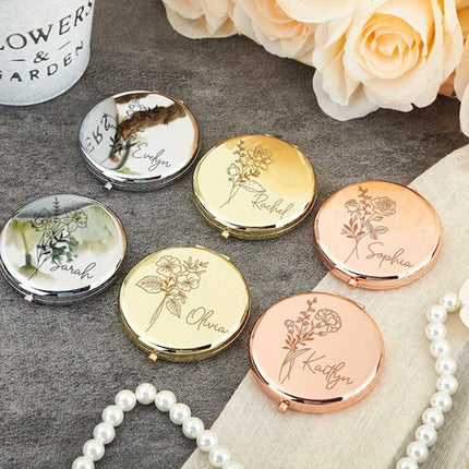 Engraved Compact Mirror with Birth Flower Design Elegant Portable
