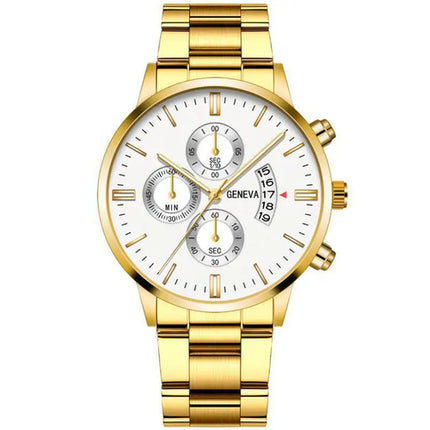 2023 Fashion Men Gold Stainless Steel Watch Luxury Calendar Quartz