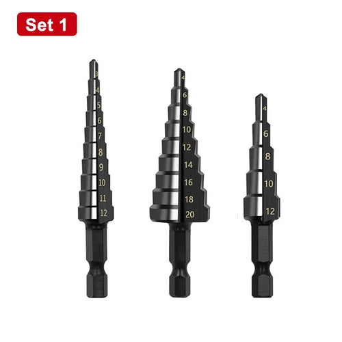 3Pcs HSS Straight Groove Step Drill Bit 3-12mm 4-12mm 4-20mm Nitride